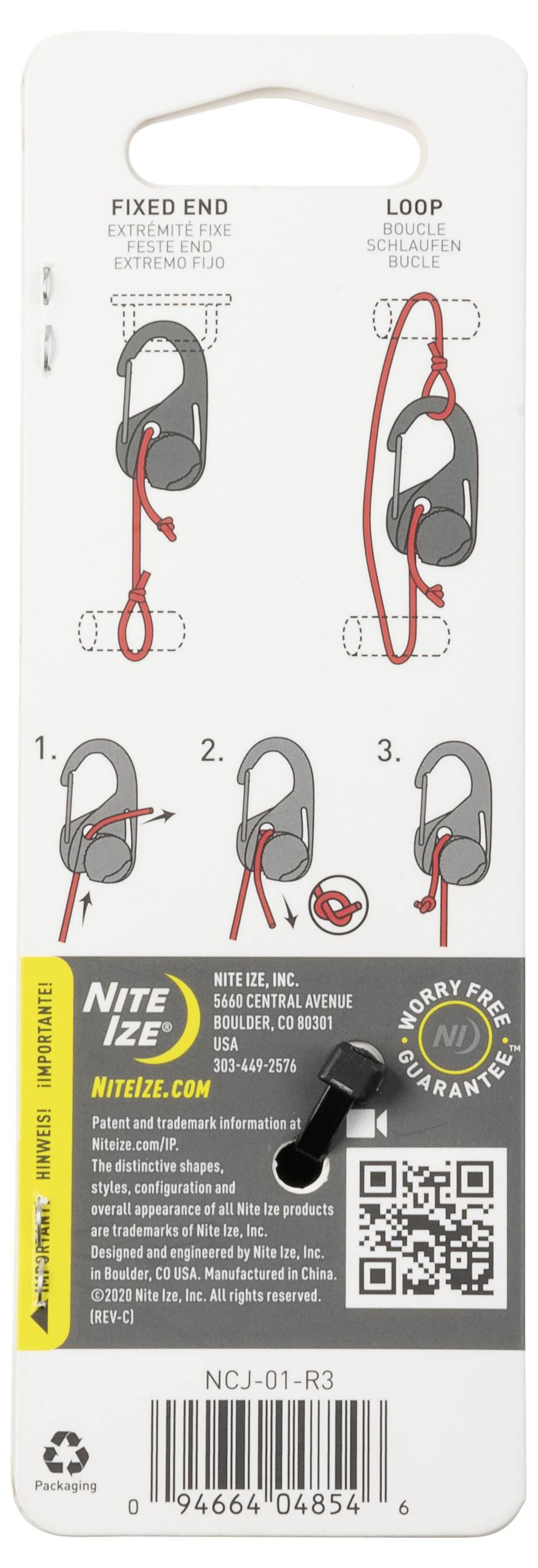'Instruktioner til at binde knuder med en karabin: 1. Fast ende, 2. Sløjfe igennem, 3. Sikre. Viser Nite Ize-logoet og QR-koden.'