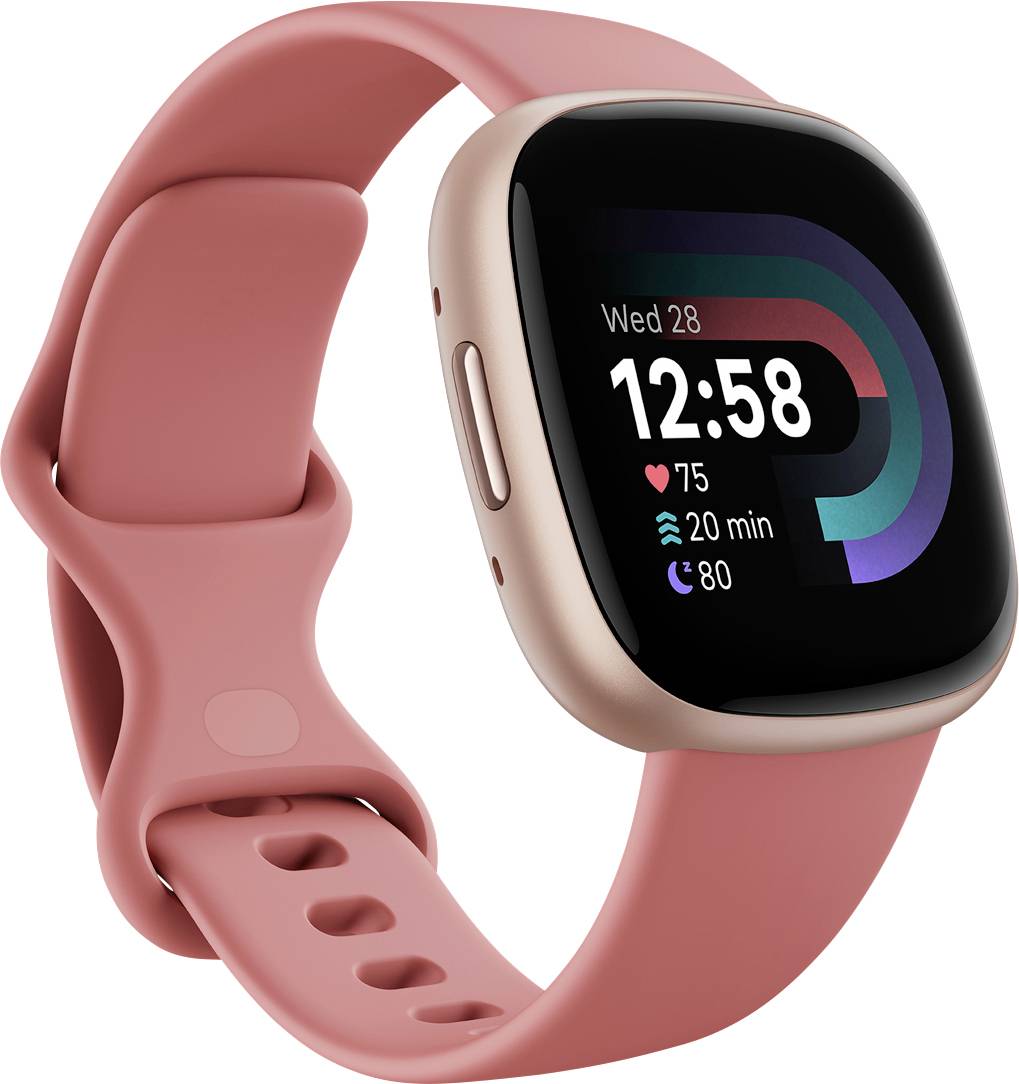 En lyserød smartwatch, der viser datoen 'Ons 28', tid '12:58', hjertefrekvens '75', aktivitet '20 min' og skridt '80'.