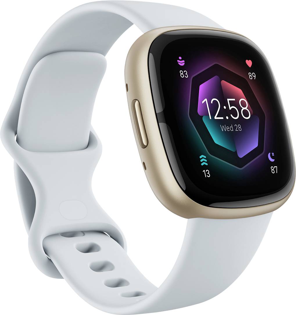 Et smartwatch med et guldhus og hvidt bånd viser helbredsmålinger, herunder hjertefrekvens og antal skridt, med en farverig sekskantede urskive.