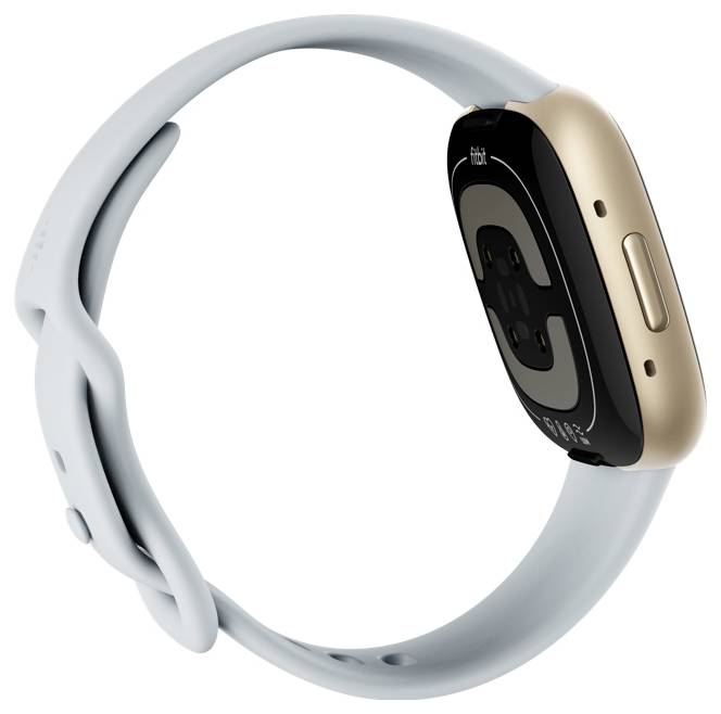 Et smartwatch med et guldfarvet hus og grå rem, udstyret med en pulsmåler og knapper på siden.