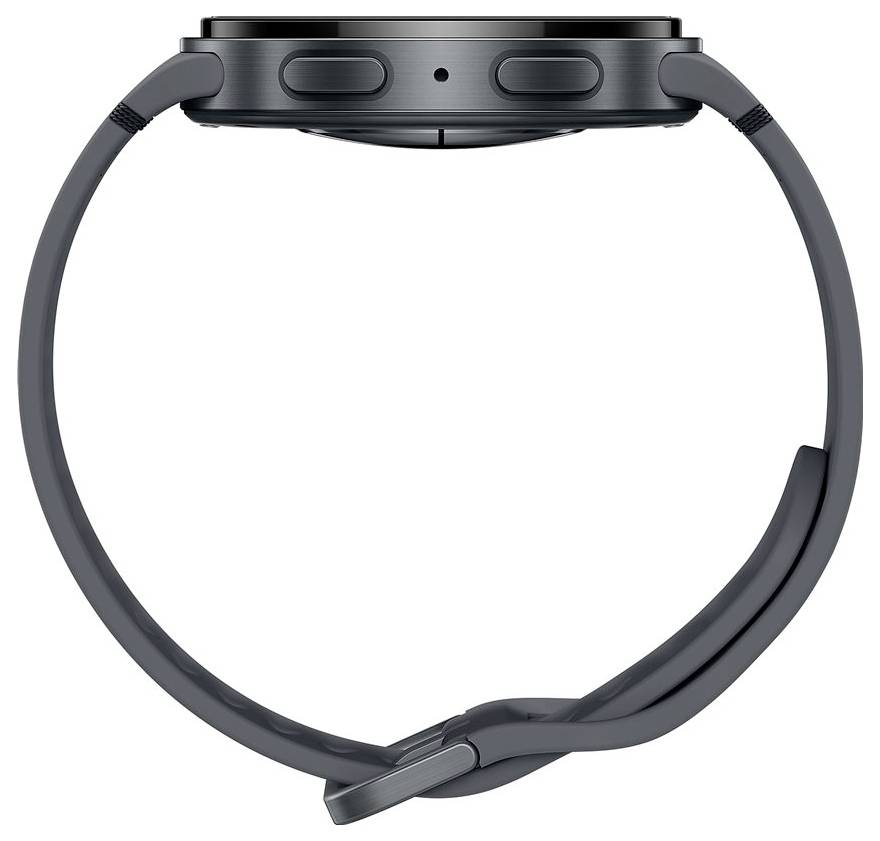 Et sort smartwatch set fra siden, der fremviser dets strømlinede design, knapper og justerbar rem.