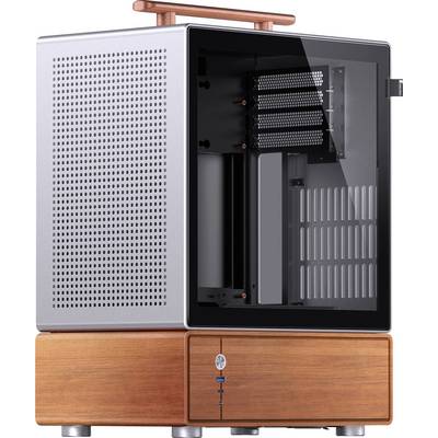 Et moderne computerkabinet med træbund og metalramme, forsynet med en gennemsigtig sidePanel, der giver indblik i kabinettet indre.