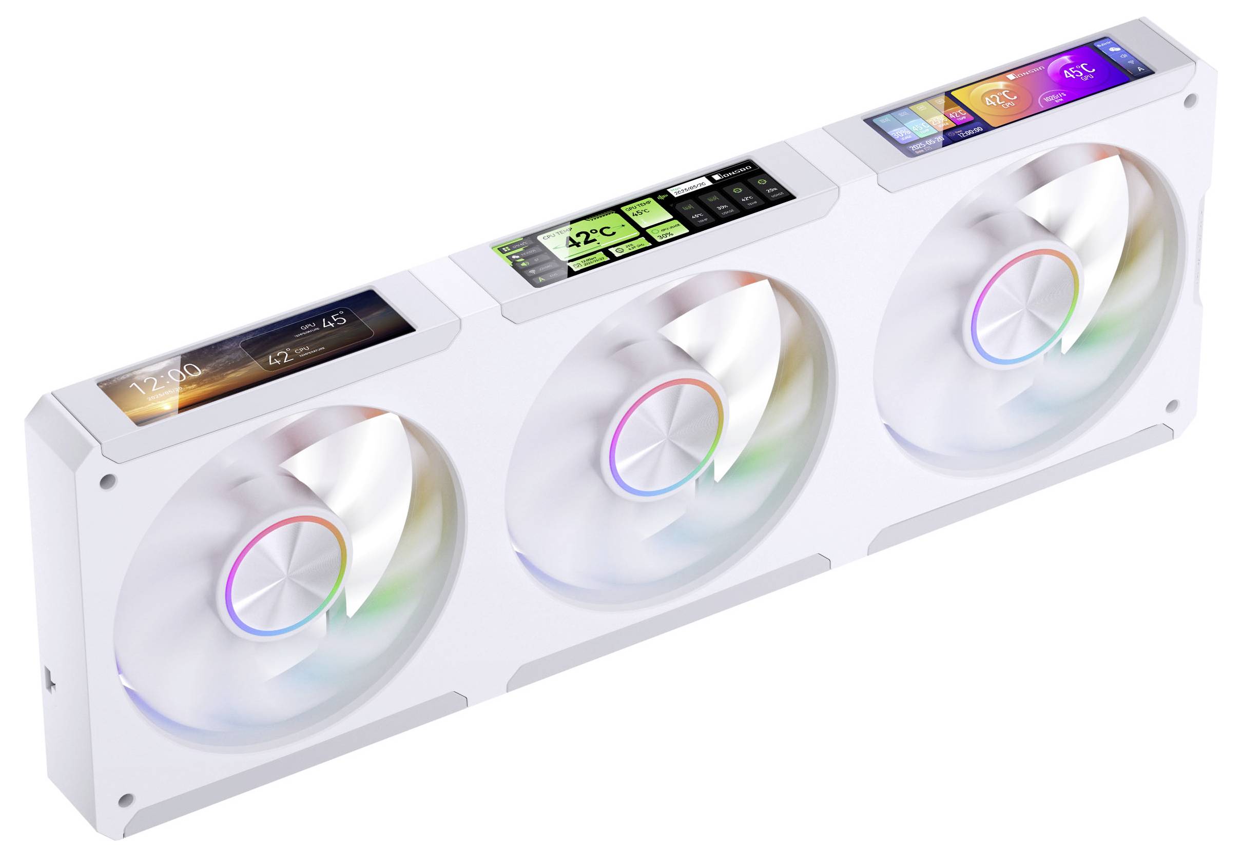 RGB-kølevifte med tre illuminerede blæsere, der er udstyret med små displayskærme på toppen, som viser temperatur- og ydelsestatistikker.