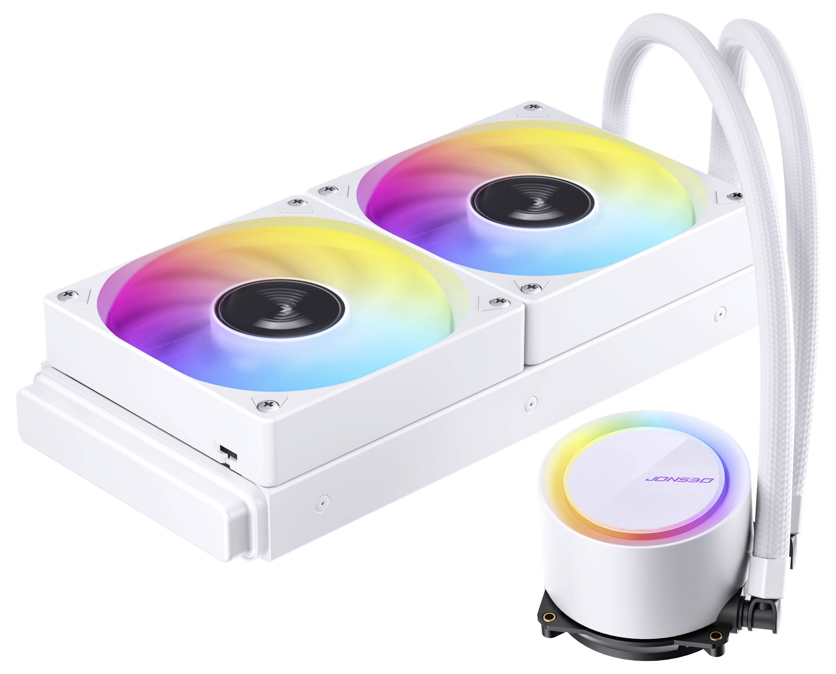 Et hvidt dual-fan væskekølersystem til CPU med RGB-lys, forbundet med slanger til en cirkulær pumpeblok, designet til computerkøling.