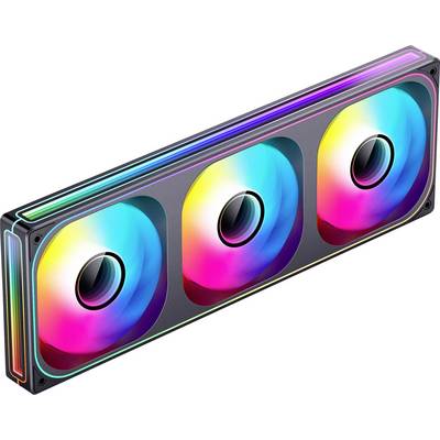 En computerkøleblæser med tre cirkulære, belyste blæsere, der viser levende RGB-farver, indeholdt i et rektangulært kabinet.