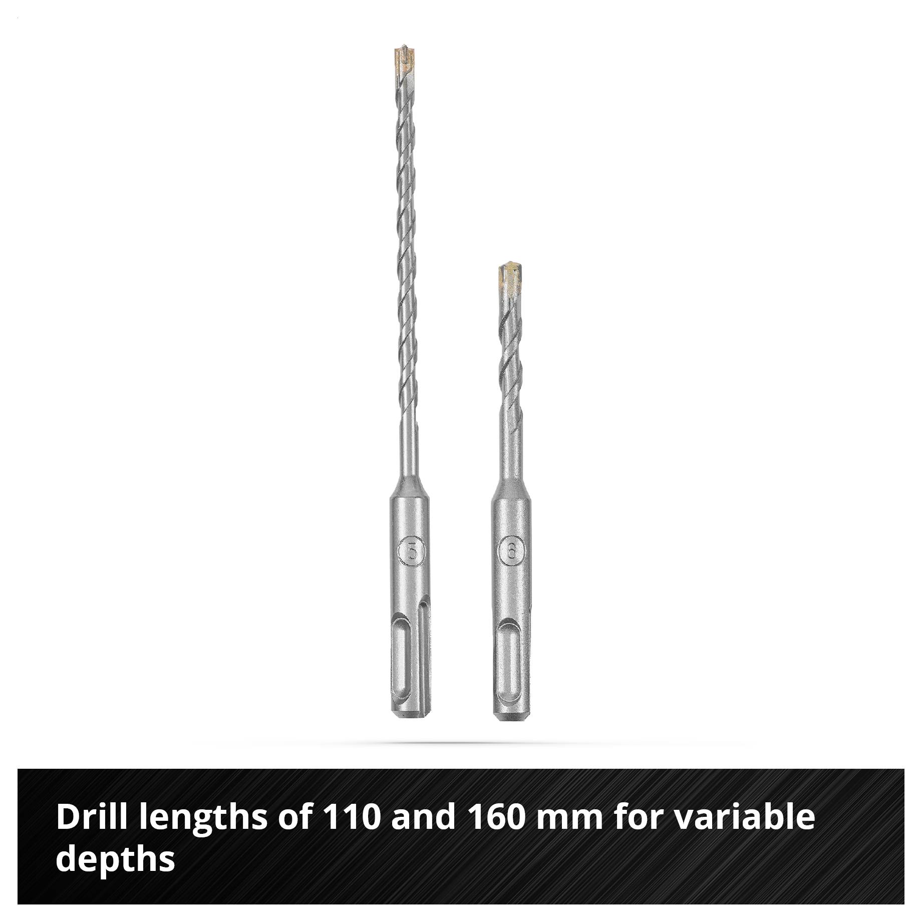 To sølvfarvede bor, det ene 110 mm, det andet 160 mm, foran hvid baggrund. Tekst: 'Borlængder på 110 og 160 mm til forskellige dybder'.