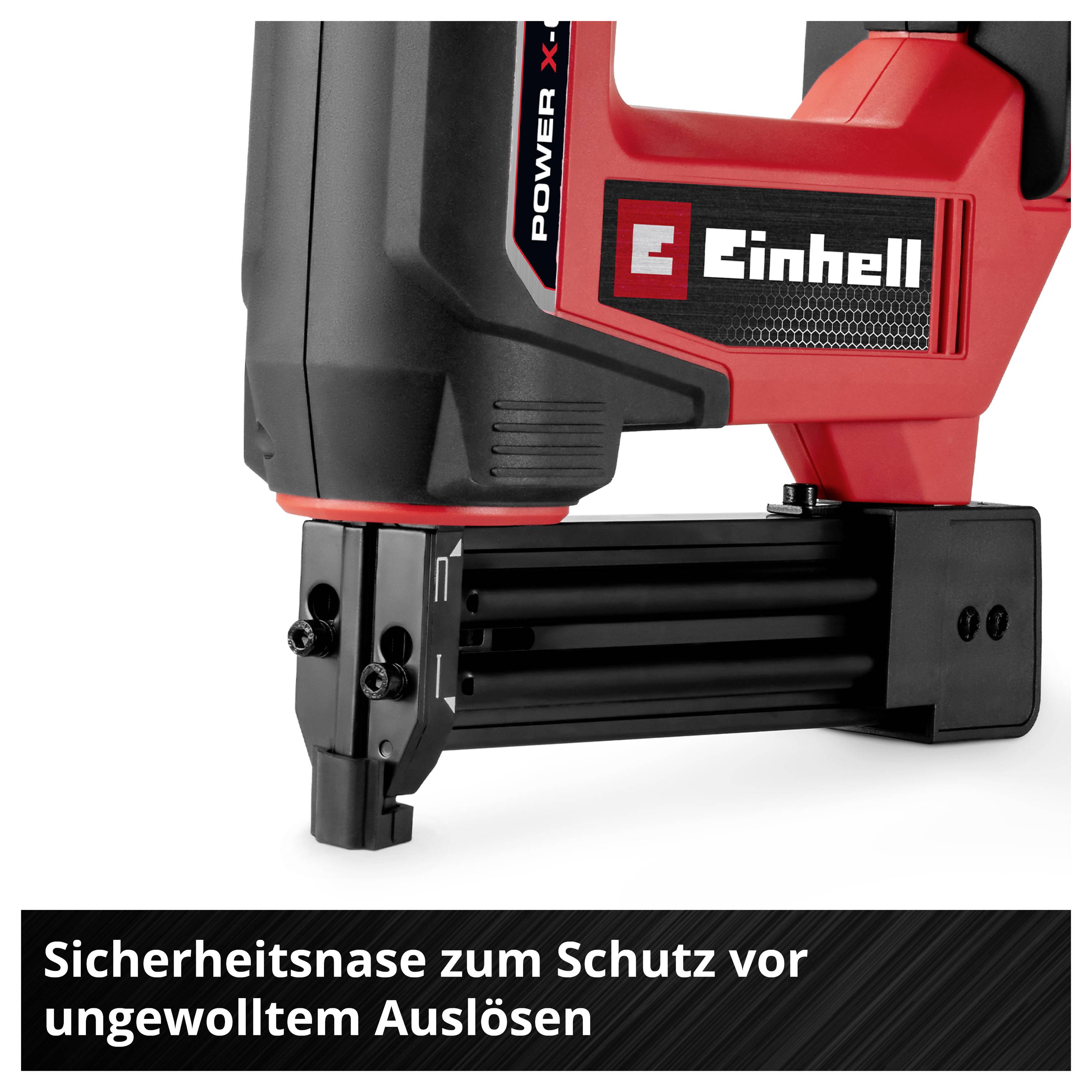 Elektronisk værktøj med påskriften 'Einhell', viser sikkerhedsudløser til forebyggelse af utilsigtet aktivering.