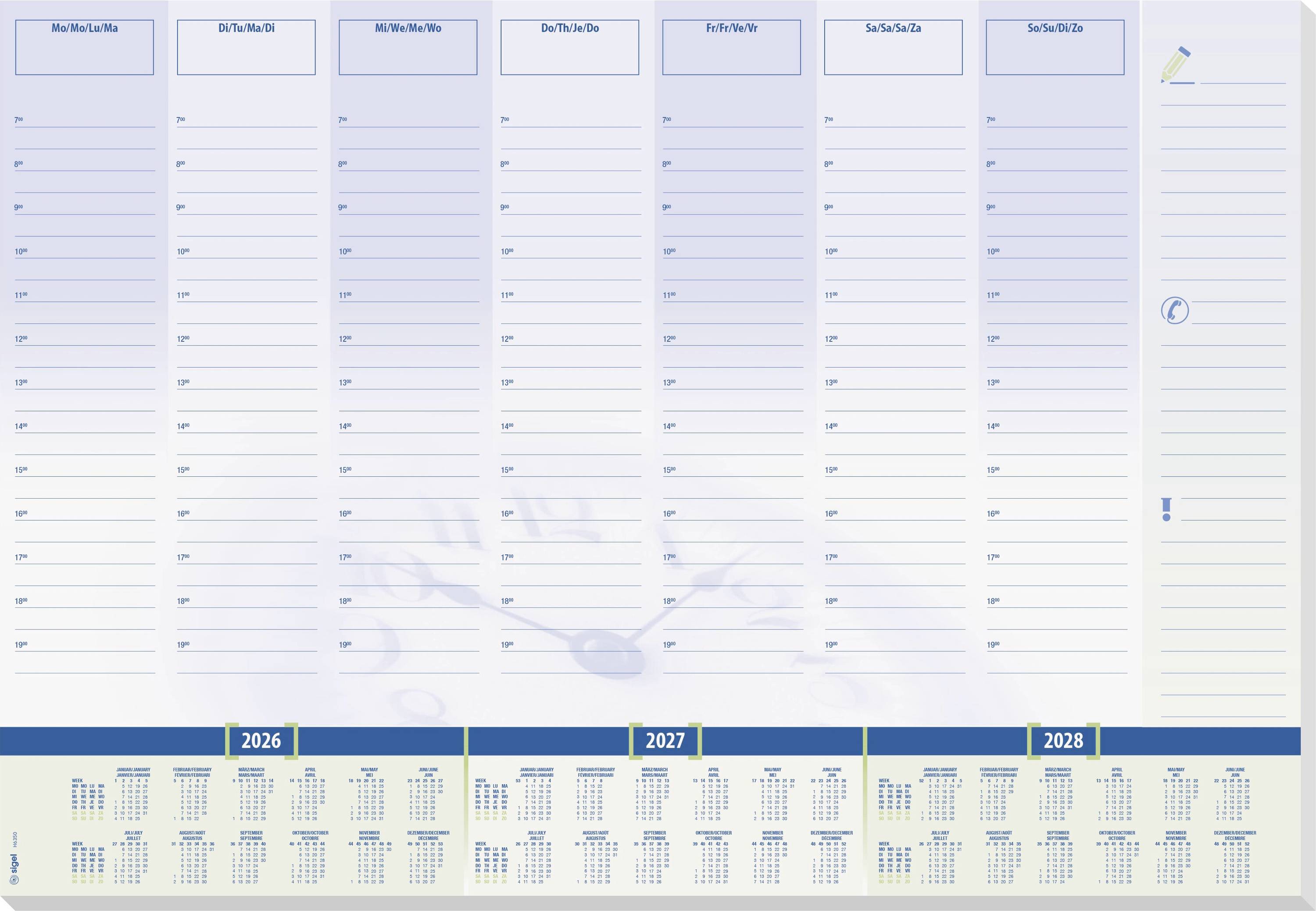 En årsplanlægger med sektioner for hver ugedag. Inkluderer kalendere for 2026, 2027 og 2028 nederst. Blå og hvid design.
