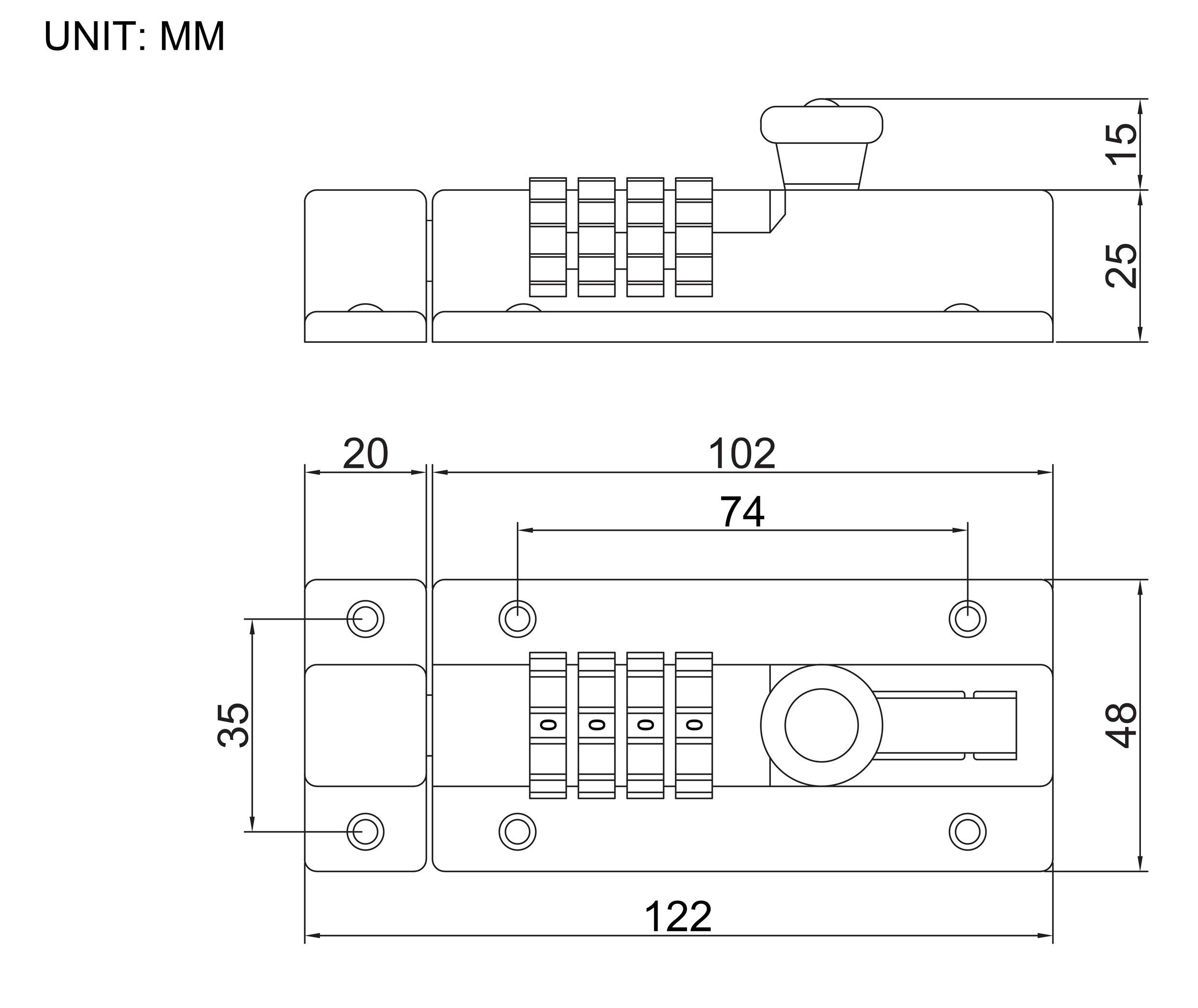 'Kombinationslåsbolts diagram med dimensioner angivet i millimeter. Forfra: 20x122 mm, set fra siden: kombinationsområdet er 74 mm bredt.'