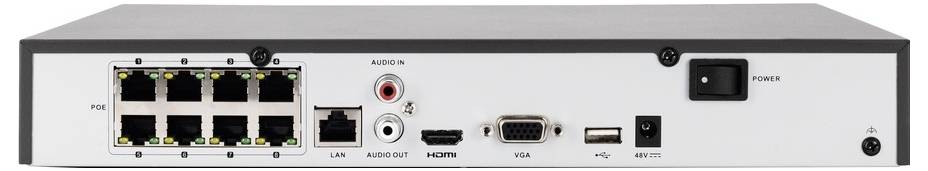 'Bagsiden af en netværksswitch-router, der viser otte Ethernet-porte, en RCA lydport, HDMI, VGA, USB og en tænd/sluk-knap.'