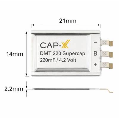 Et rektangulært superkondensator mærket CAP-XX DMT 220 Supercap 220mF / 4,2 Volt med dimensioner: 21 mm bredde, 14 mm højde, 2,2 mm tykkelse.