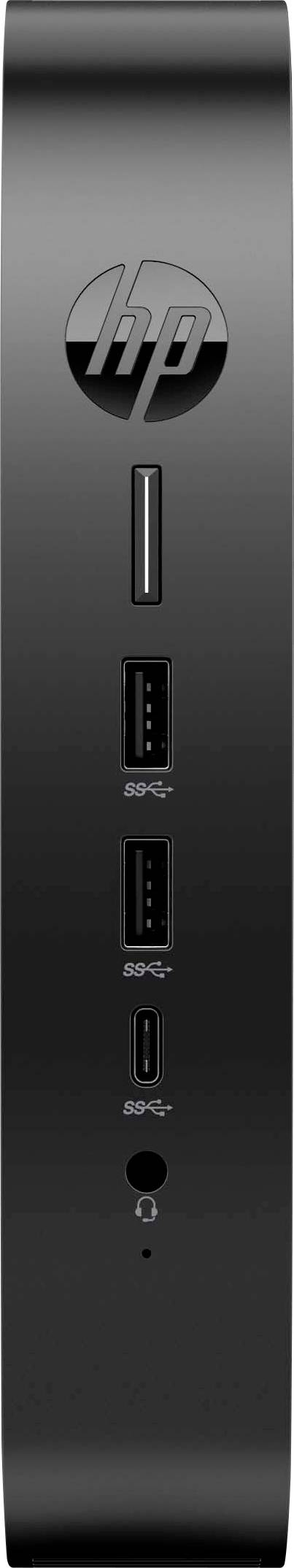 En elegant, lodret sort mini-pc med et logo øverst og flere porte placeret lodret i midten, herunder USB og hovedtelefonstik.