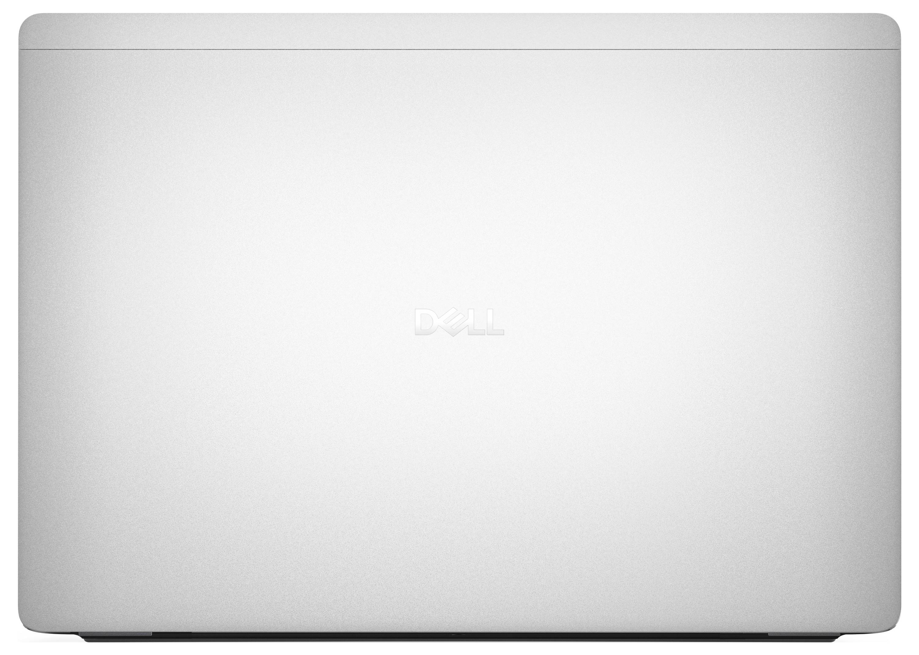 En lukket bærbar computer med sølvdesign og et Dell-logo i midten af låget.