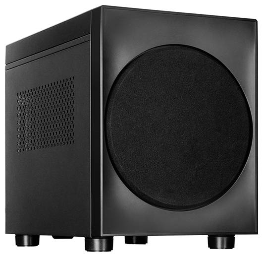 En sort, boks-formet lydsubwoofer med en stor cirkulær højtaler på den ene side, udstyret med en ventileret panel på venstre side.