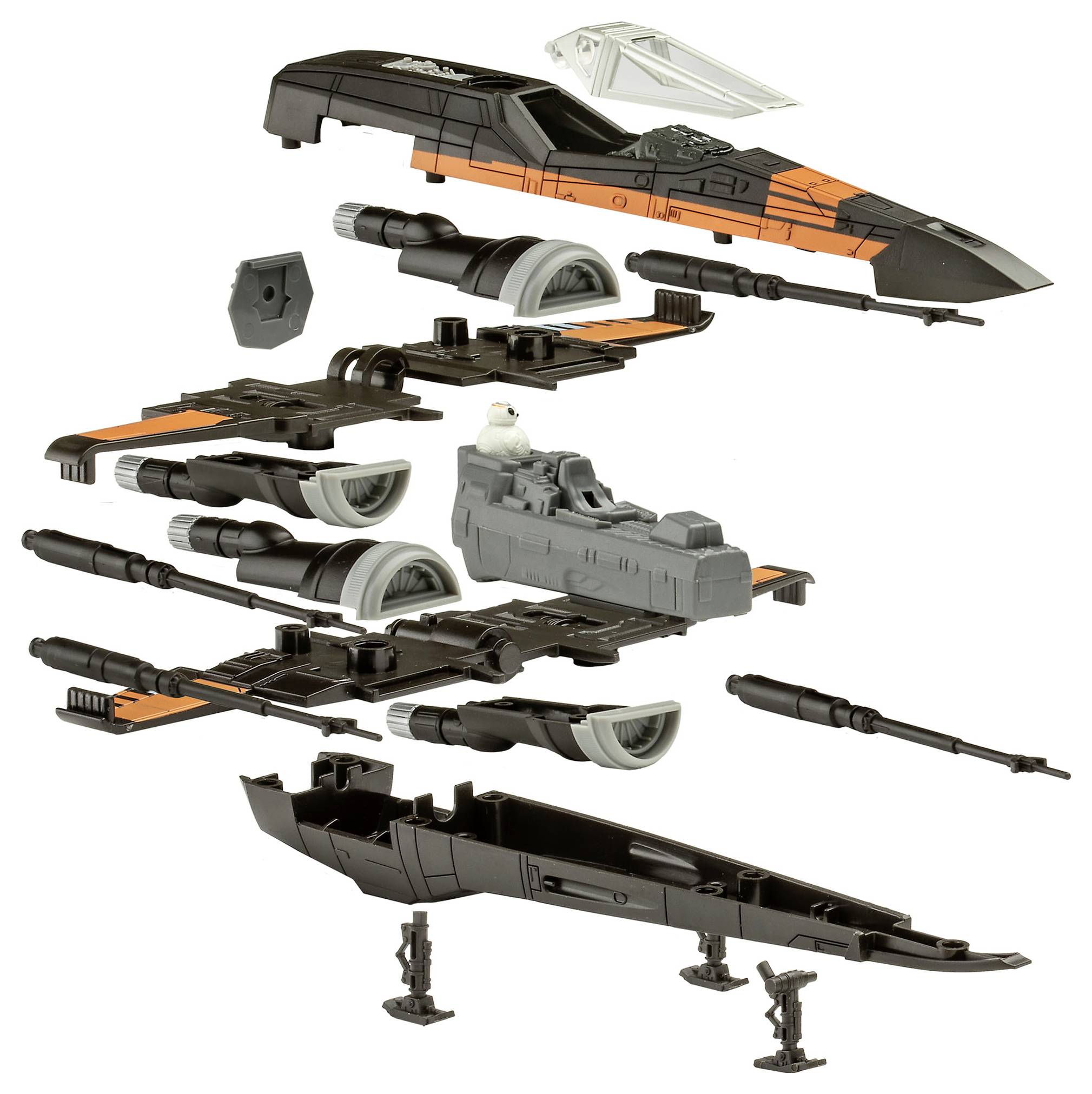 Legetøjsfly 'Star Wars X-Wing Jæger', adskilt og svævende i separate dele. Viser detaljer i hver sektion: vinger, krop, motorer og cockpit.