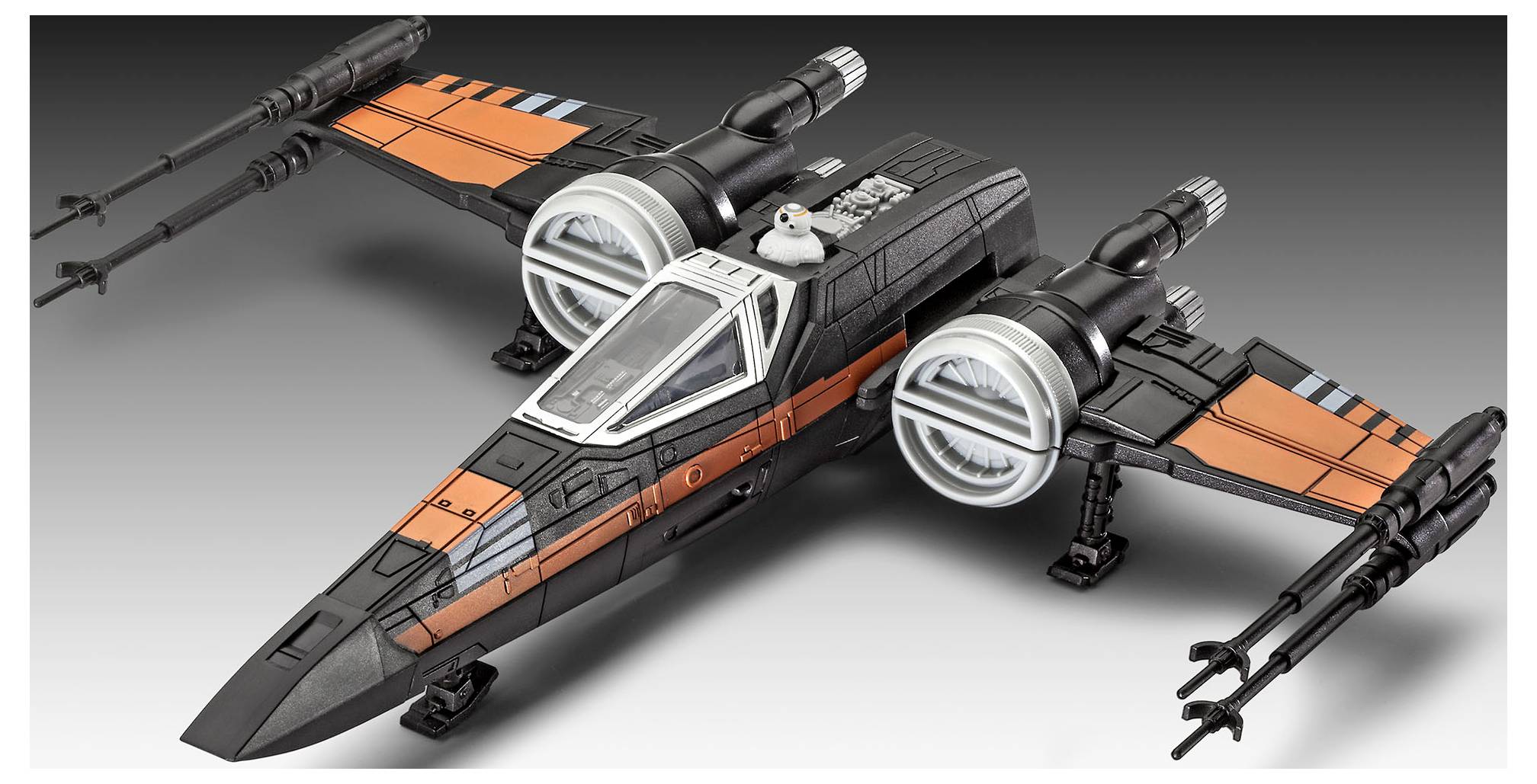 En model af et fremtidigt sort og orange rumskib med dobbelte motorer og en lille kuppel øverst, der minder om et science fiction-design.