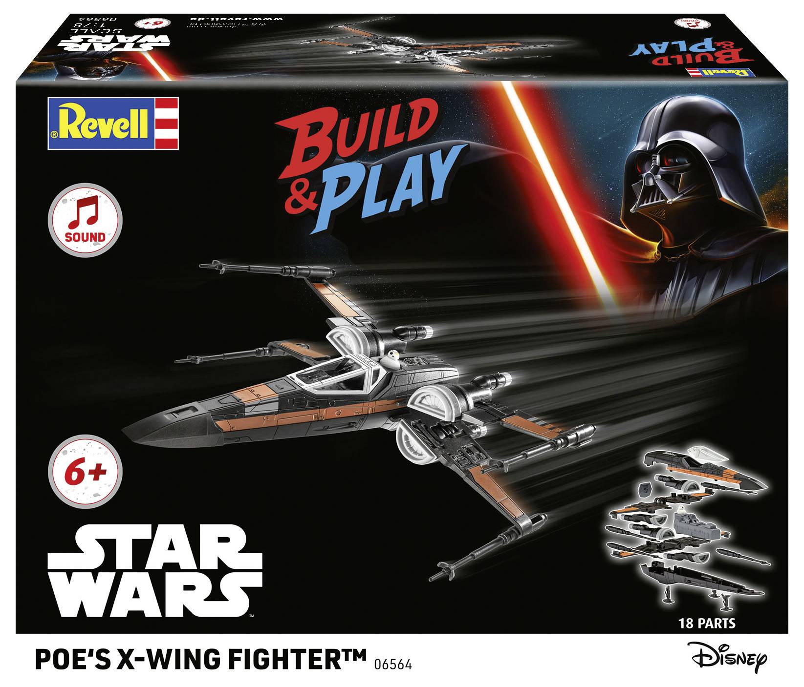 Revell Star Wars 'Byg & Leg' Poe's X-Wing Jagerfly legetøjssæt æske med et billede af modellen, egnet for børn fra 6 år og opefter.