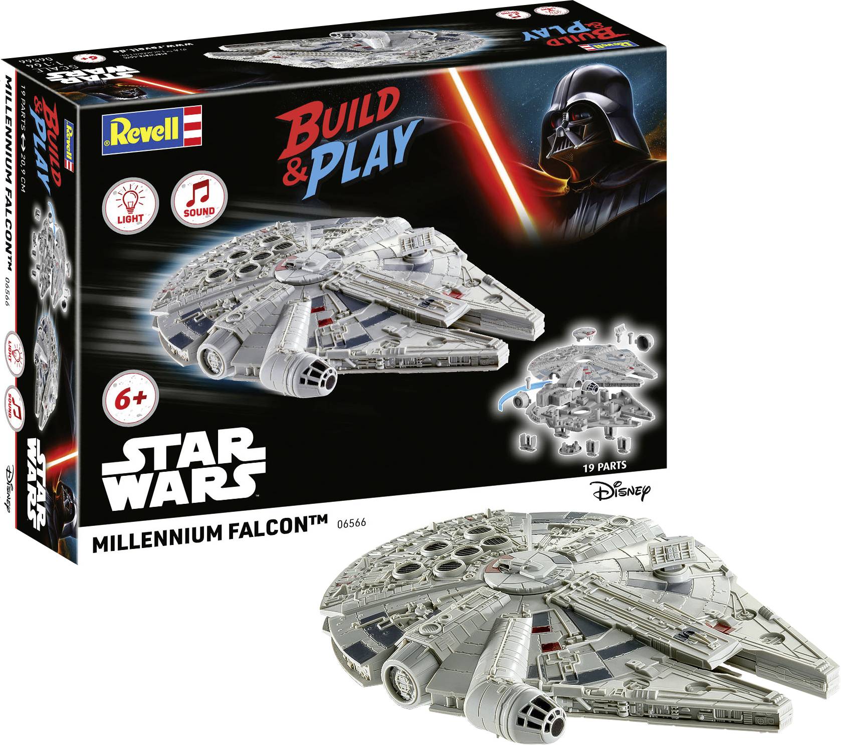 Millennium Falcon modelbyggesæt med æske, der viser den samlet rumskib med lys- og lydeffekter, mærket til aldersgruppen 6+, som en del af 'Byg & Leg' serien.