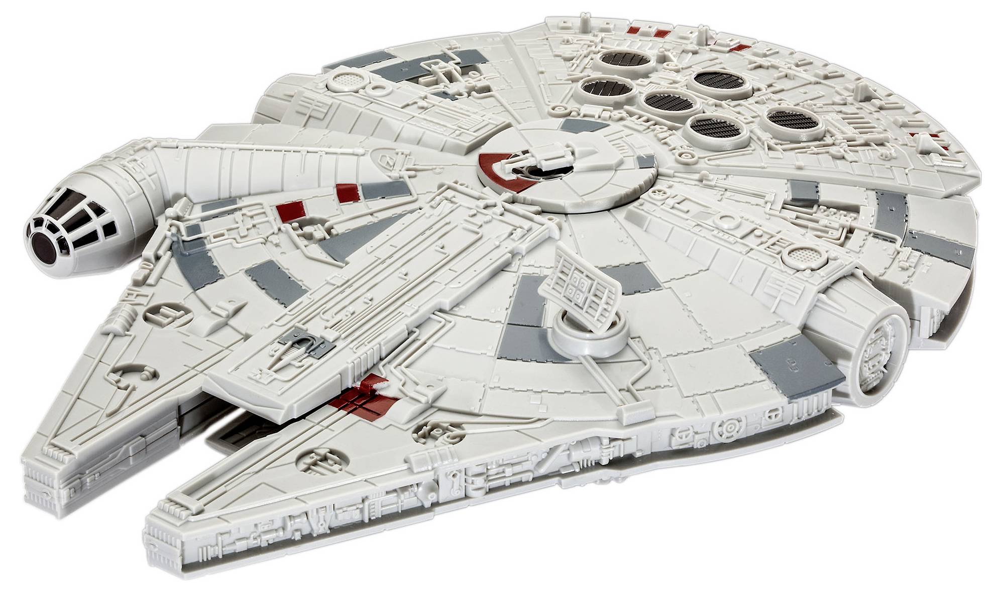En detaljeret model af et rumskib, der minder om et populært sci-fi fartøj, med en karakteristisk diskform og detaljer som cockpit og tårn.