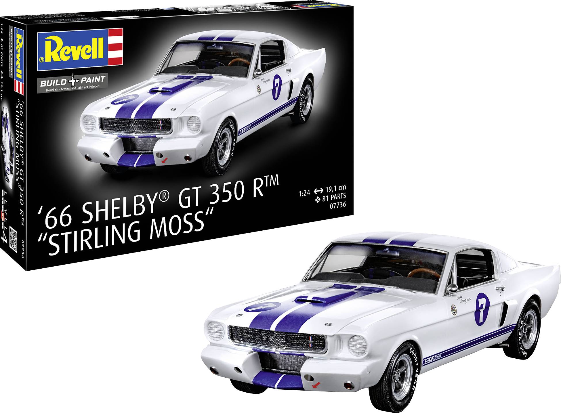 En hvid modelbil med blå striber, mærket '66 Shelby GT 350 R', er udstillet ved siden af sin æske med tilsvarende grafik.
