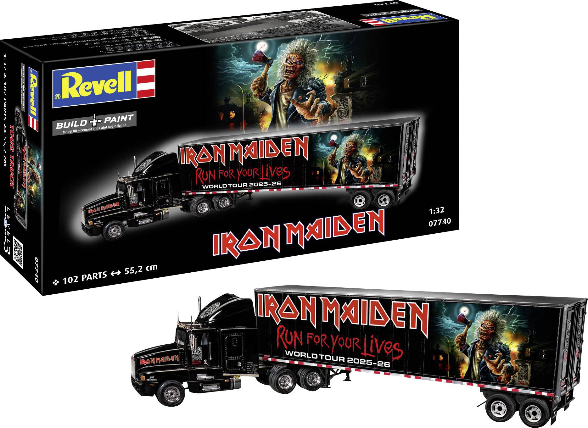 Revell-modelkit af en lastbil med design fra Iron Maiden's 'Run for Your Lives' verdensturné. Æsken viser den færdige lastbil med artwork.