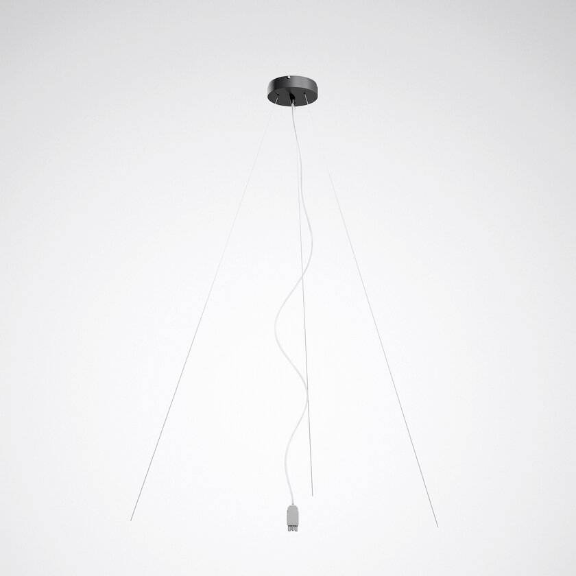 Minimalistisk sort pendellampe ophængt fra loftet med tynde tråde mod en hvid baggrund.