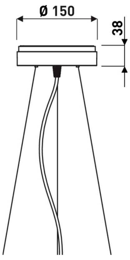 Teknisk tegning af en ophængt lysarmatur med dimensioner: 150 mm bred og 38 mm høj, med ophængskabler/ledninger, der strækker sig nedad.