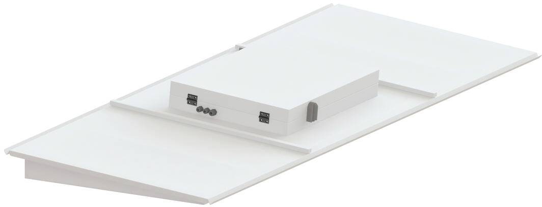 LED-fladt panellys med en central kontrolboks og sidepaneler, designet til loftsmontering; har tre sorte forbindelser.