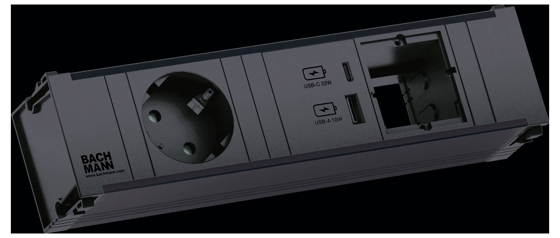 Et strøm- og forbindelsesmodul med en europæisk stik, USB-porte mærket 'USB-A 2.4A' og 'USB-C 3.0A', og en tom plads.