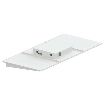 Et hvidt loftpanel med en centralt monteret rektangulær enhed, der er forsynet med flere knapper og stik.