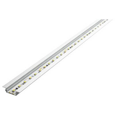 En nærbillede af en slank LED-striplampe på et metalspor, der viser de enkelte LED-pærer og det lineære arrangement.