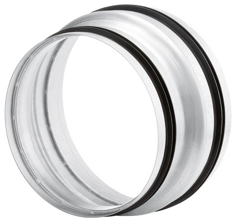 En glinsende, sølvfarvet metalring med to sorte gummitætninger på indersiden og ydersiden, brugt som en industriel komponent.