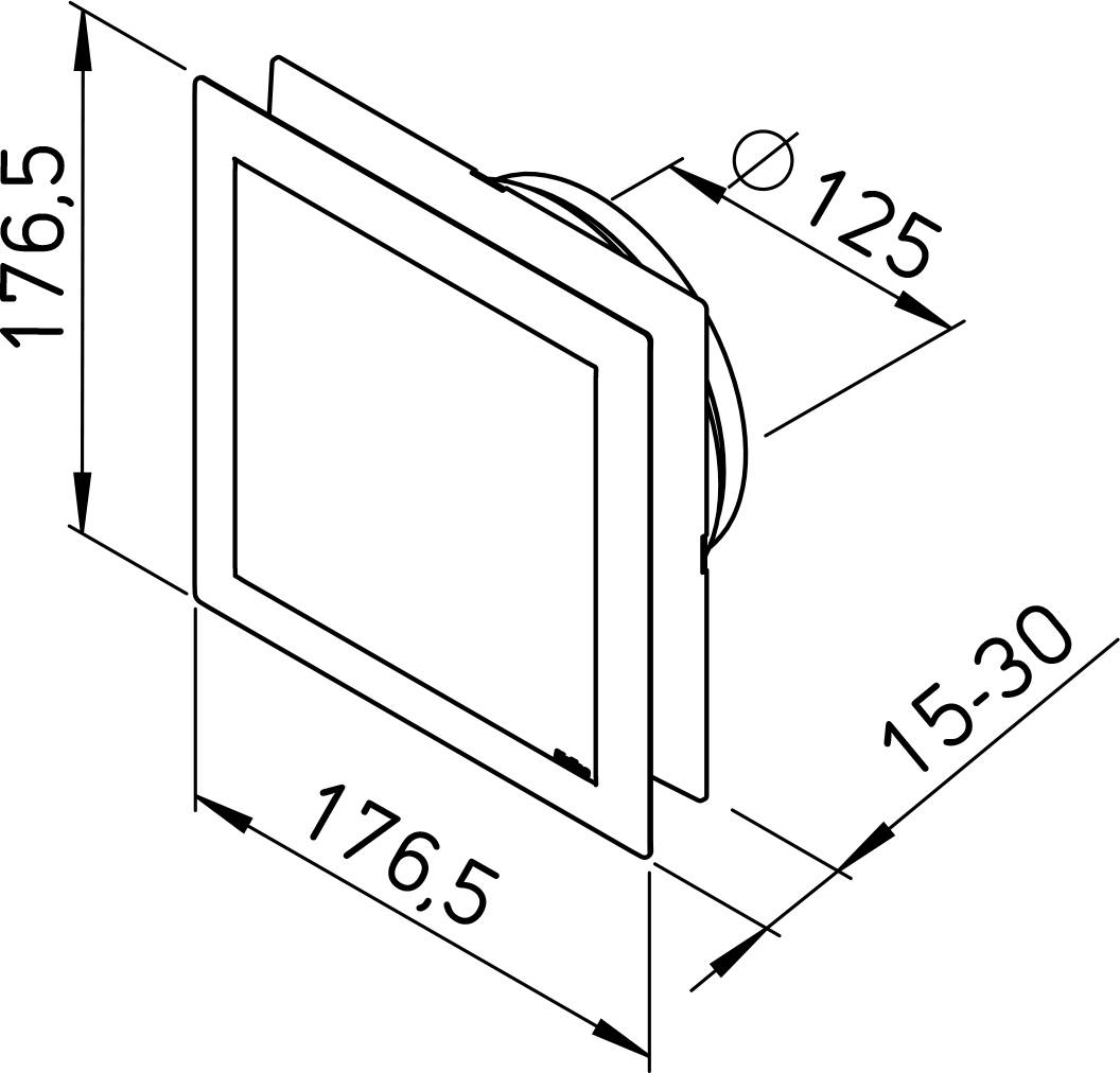 Dimensioneret teknisk tegning af et kvadratisk vægpanel eller armatur, der viser front- og sidevisninger med målinger på 176,5 x 176,5 mm, dybde 15-30 mm, og en detaljering med 125 mm diameter.