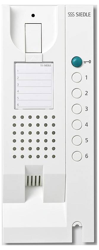 Intercomsystem med seks knapper mærket 0 til 6, højttalergitter, hørerslot og et lille LED-indikatorlys.
