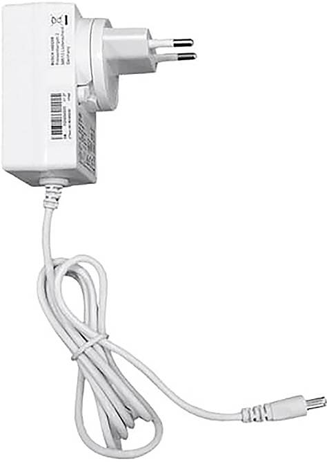En hvid strømadapter med et europæisk stik og en tynd ledning fastgjort.