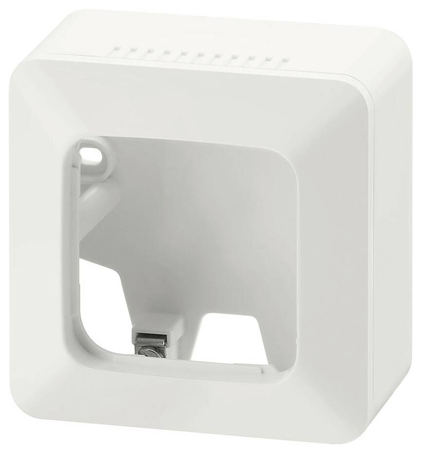 En hvid plastikramme med en firkantet åbning, designet til at huse en kontakt eller stikkontakt, med et minimalistisk moderne design.