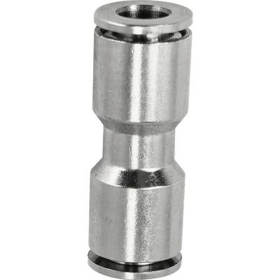 Nærbillede af en glinsende metallisk cylindrisk forbinder eller afstandsholder med udvidede ender, vist på en hvid baggrund.