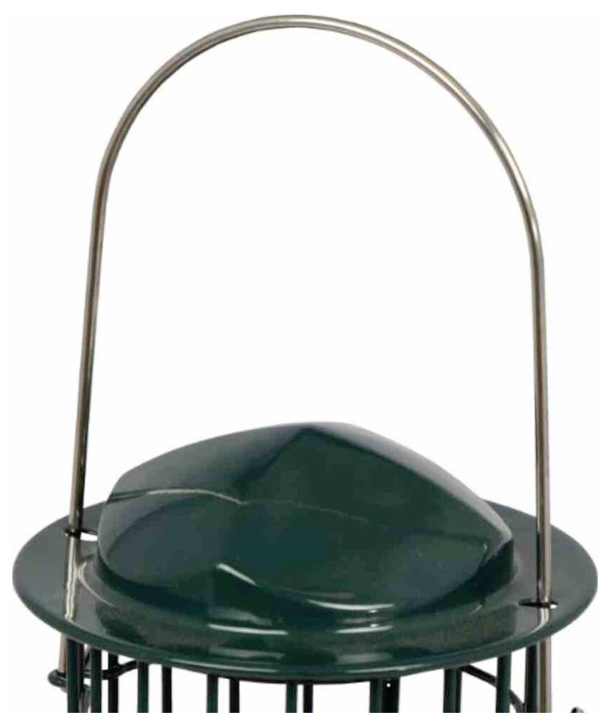 En metalhandtag er fastgjort til en grøn genstand med en rundkupplet top og cirkulær base, der ligner et låg eller dække.