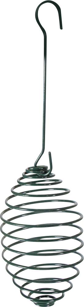En mørkegrøn spiralformet metalholder med en krog på toppen, designet til at holde en bold eller genstand, sandsynligvis brugt til pynt eller opbevaring.
