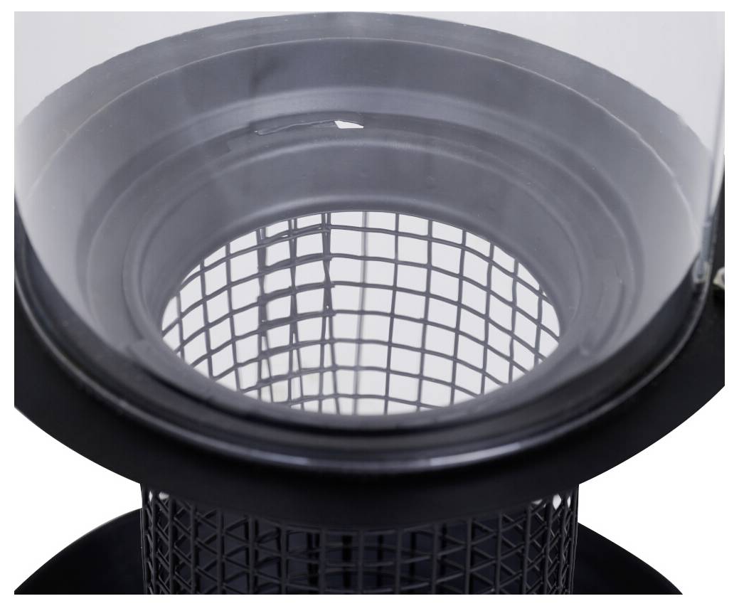 En sort cylindrisk maskefilter med en klar plastiktop, der viser et åbent synspunkt indeni.