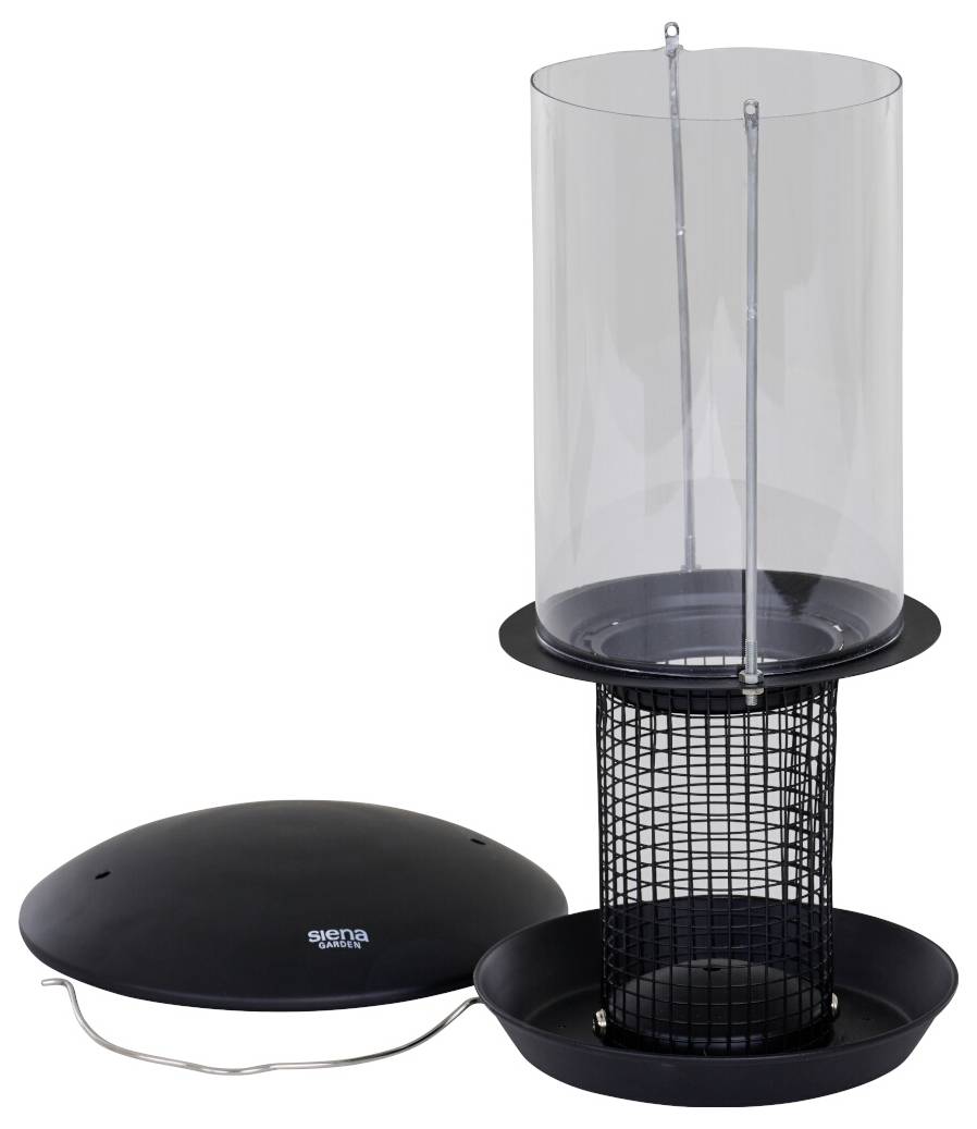 'Fuglebeholder med cylindrisk klart plastictop og sort metalmaskebase til frø, ved siden af et matchende sort låg på jorden.'