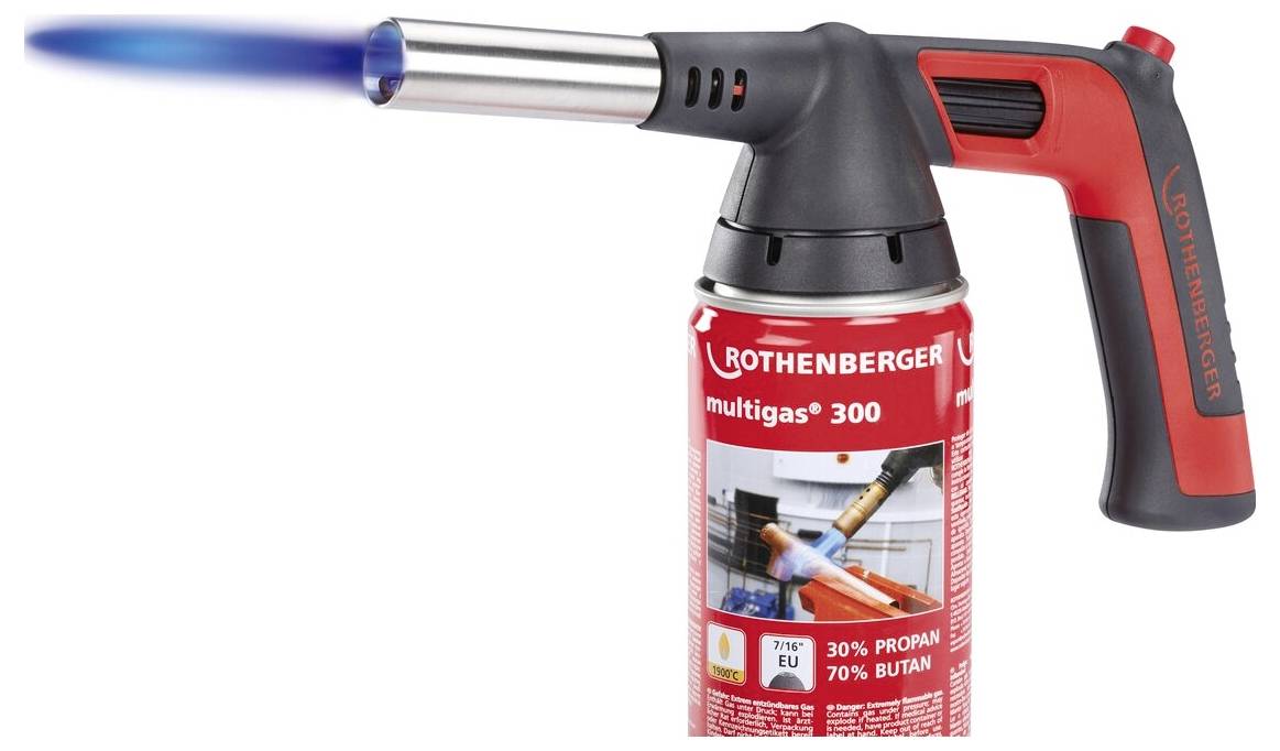 Rød Rothenberger multigas 300 brænder med blå flamme, udstyret med et sort håndtag og udløser. Propan og butan blanding, 30% og 70%.