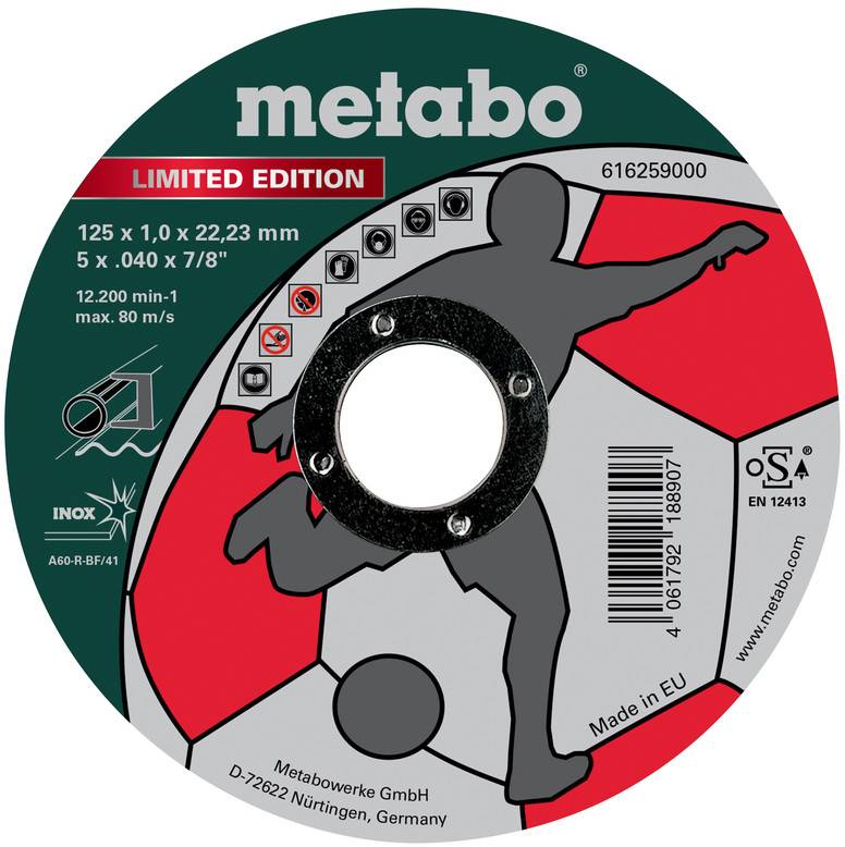 Metabo limited edition skærehjul mærkat med produktspecifikationer, sikkerhedsikoner, stregkode og silhuet af arbejder omkring centerhulet.