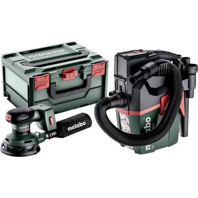 Sæt af Metabo elektroværktøjer og tilbehør: grønt bæreæske, vinkelsliber og våd-/tørsugning med slange og tilbehør.