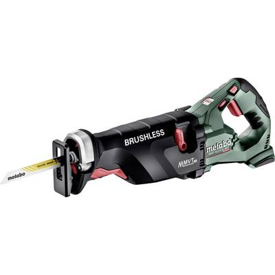 Uden ledning Metabo-savsliber med indsatsblade, mærket "BRUSHLESS" og "metabo", vist på hvid baggrund.