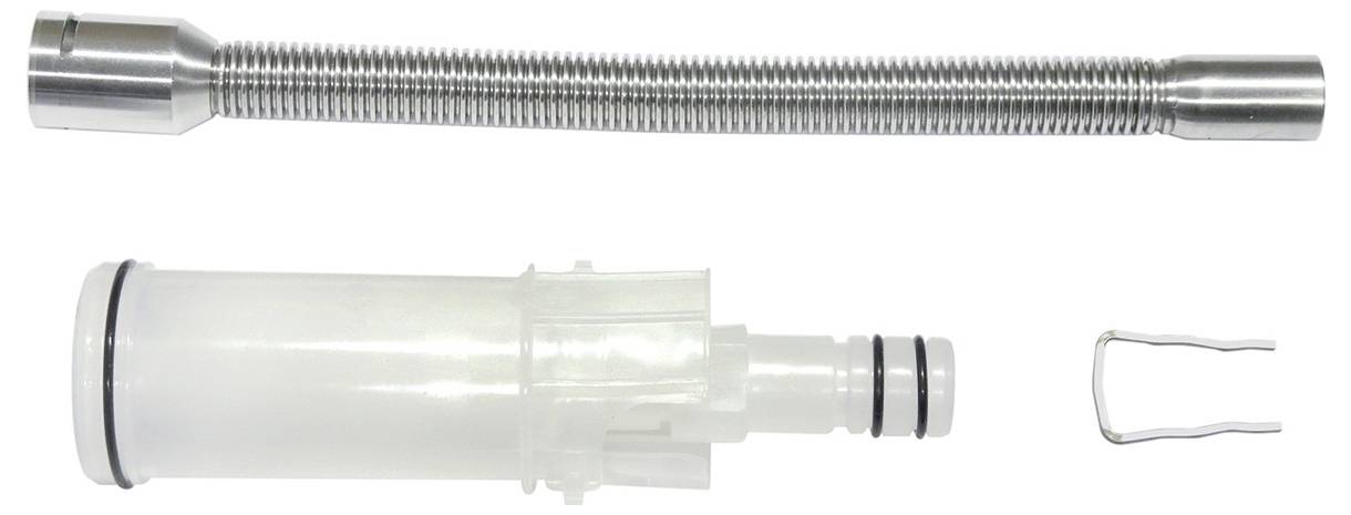 Billede viser en metalfleksibel slange, en hvid cylindrisk plastdel med tætningsringe og en lille metalstift, sandsynligvis komponenter til montering.