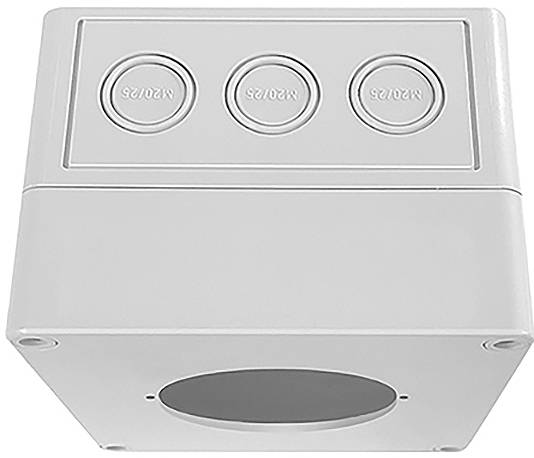 En grå elektrisk kabelsamlingsboks med tre cirkulære udstansninger mærket 'M20 x 1.5' på den ene side og et åbent cirkulært hul på den anden side.
