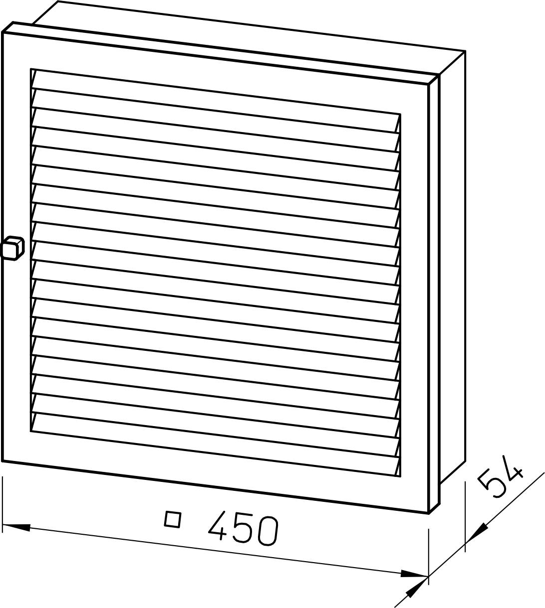 Teknisk tegning af et rektangulært ventileret panel eller gitter, mærket 450 x 544, vist i perspektiv med dimensionslinjer.