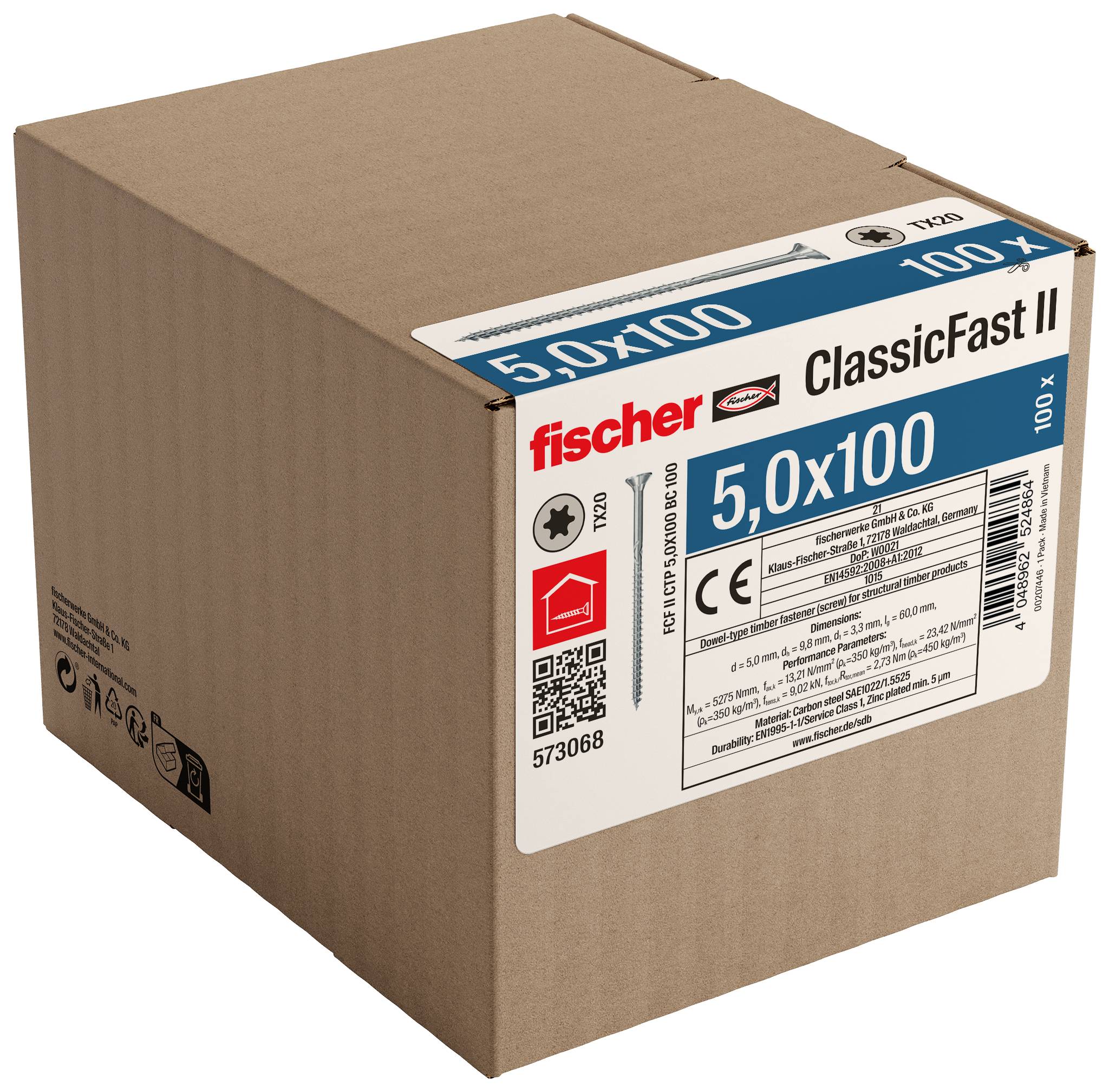 Kartonkasse med fischer ClassicFast II skruer, mærket 5.0x100, vist på en hvid baggrund.
