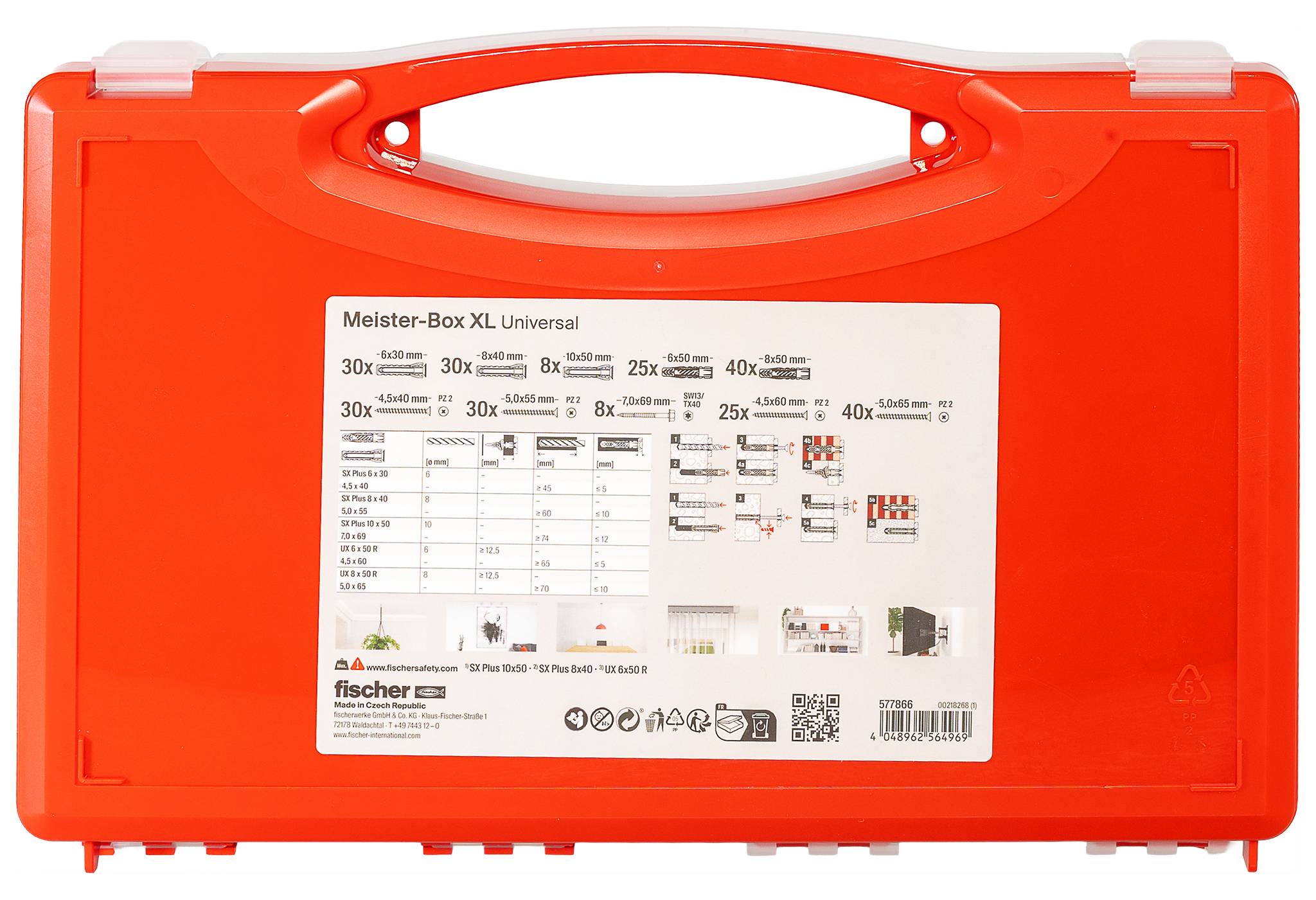 Orange Fischer Meister-Box XL Universel plastikopbevaringskasse med et mærket produktkort på forsiden